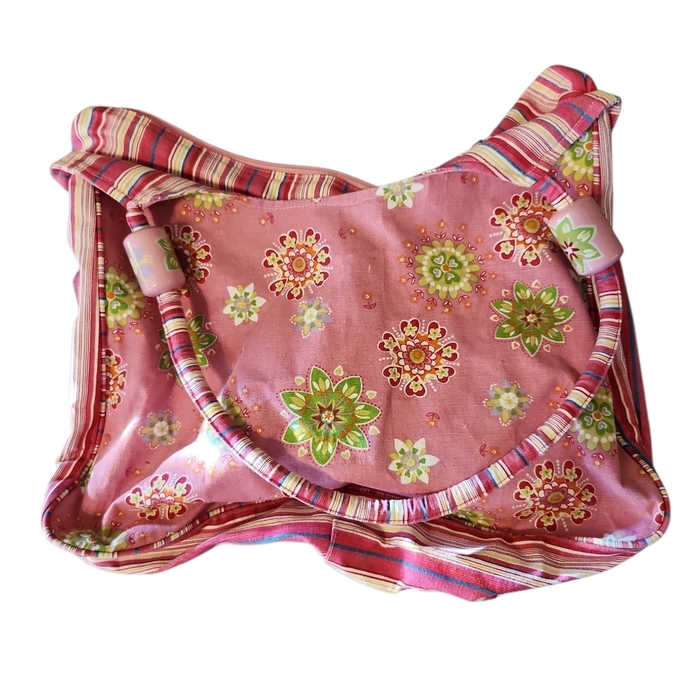 Floral Pink Handbag with Striped Accents
